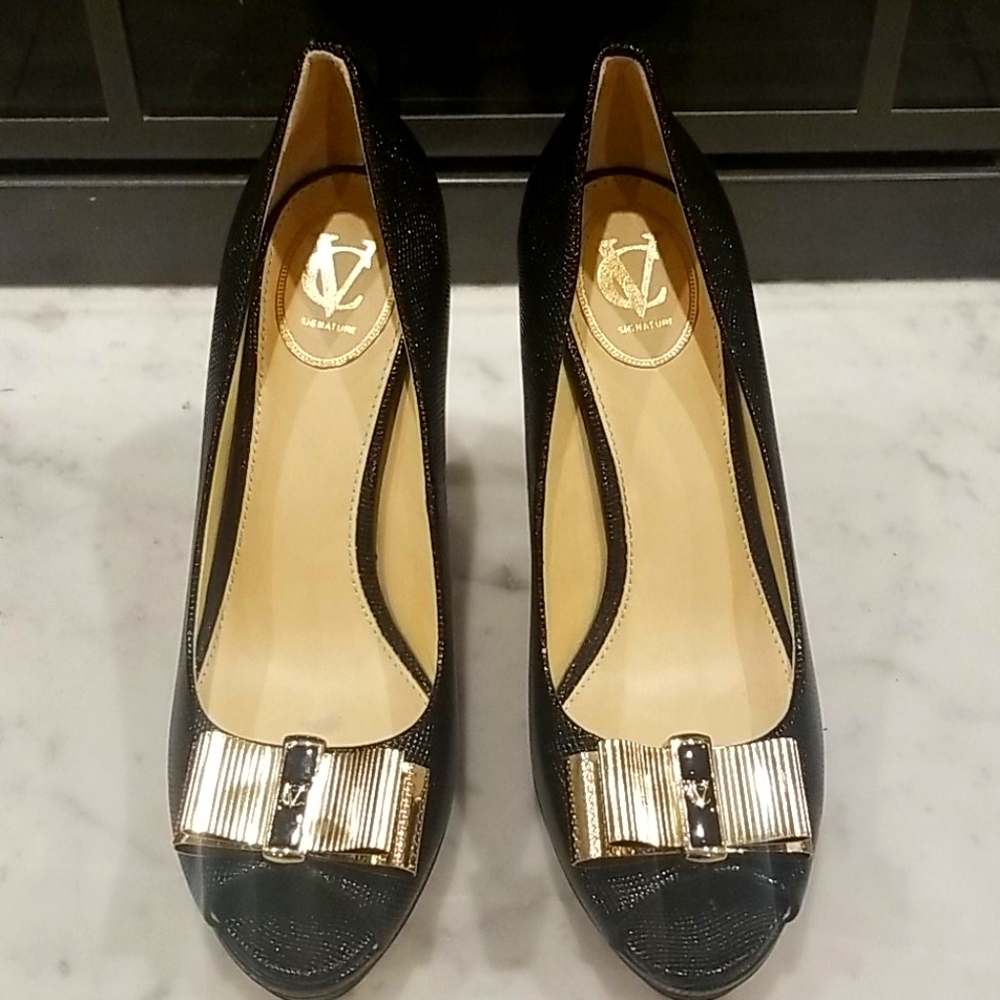 Vince Camuto Black Leather Snakedkin Heels Sz 10